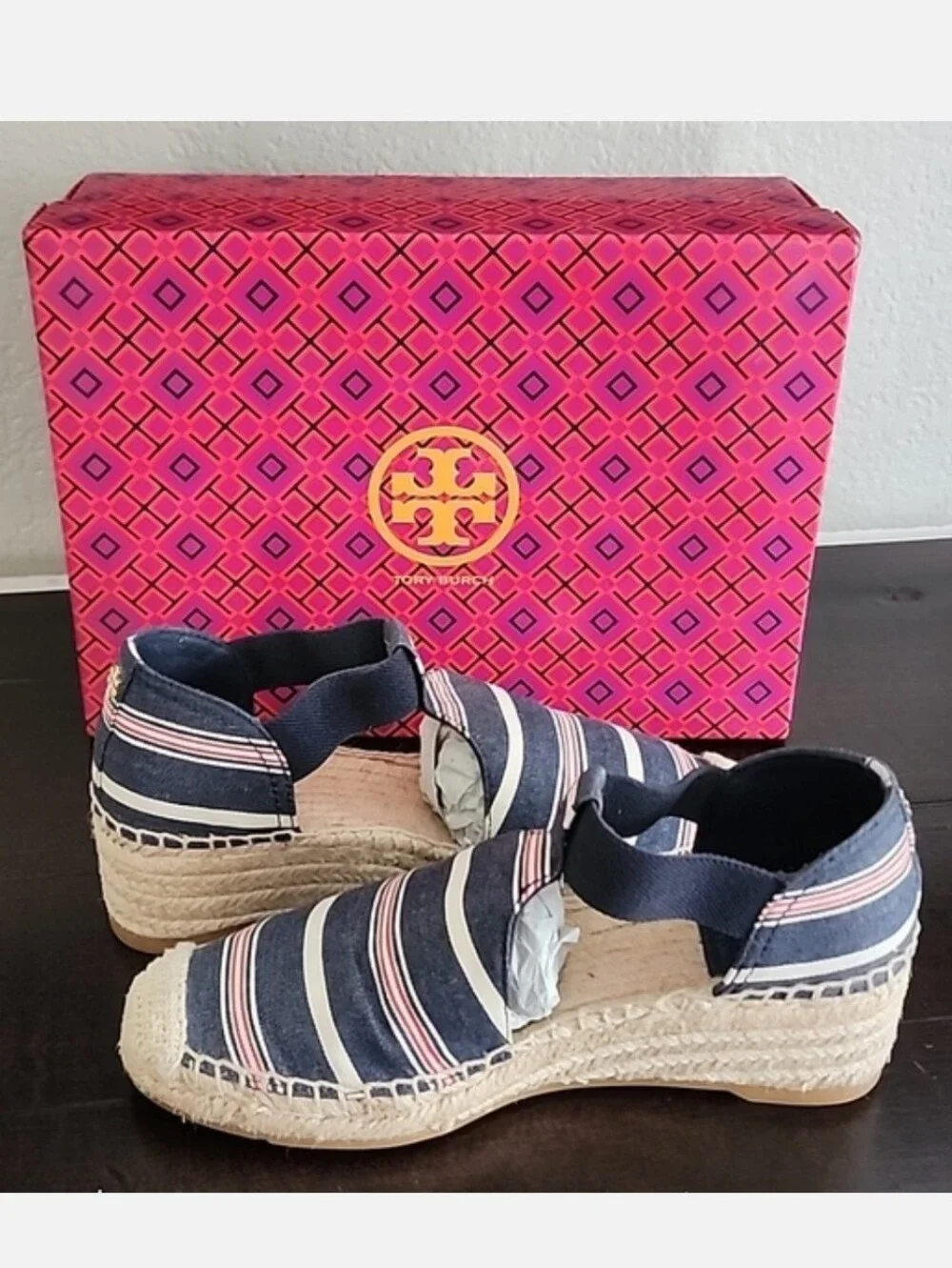 Tory Burch Catalina 3 50mm Espadrille Striped Canvas/Elastic Size 8